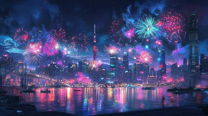 Grand City Skyline Illuminated by Colorful Fireworks