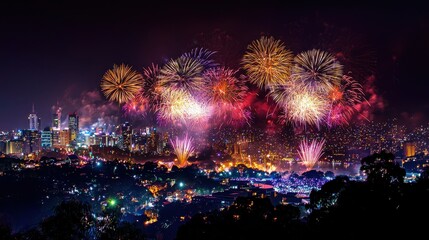 Grand City Skyline Illuminated by Colorful Fireworks
