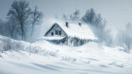 Conceptual image of a house covered in snow during a fierce blizzard, illustrating the power of nature