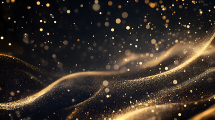 The image is a black and gold background with a lot of sparkles