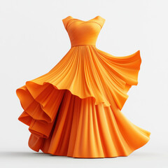 Dress made of orange silk hanging gracefully in sunlight with shadows on a white brick wall background.