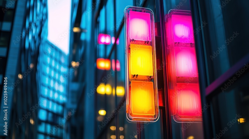 Poster conceptual image of a colorful neon sign that blinks on and off, capturing attention in an urban set