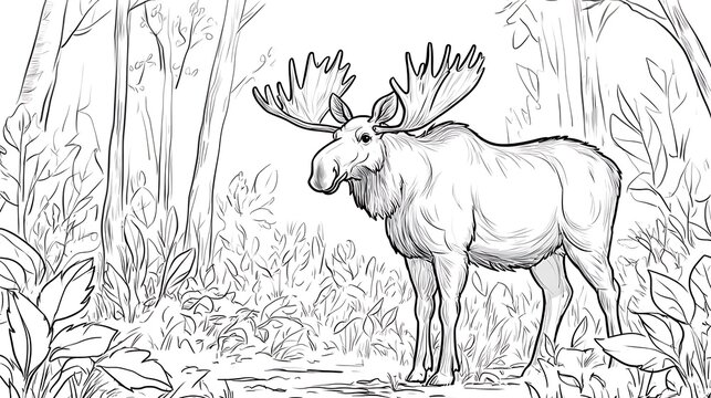 A moose standing in a forest clearing with its large antlers raised high, surrounded by simple bushes and leaves, bold lines, low details, no shading, child-friendly design --ar 16:9 --sref https://s.