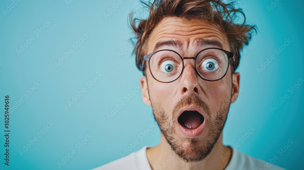 Poster conceptual image of a person blinking rapidly while trying to process information, illustrating surp