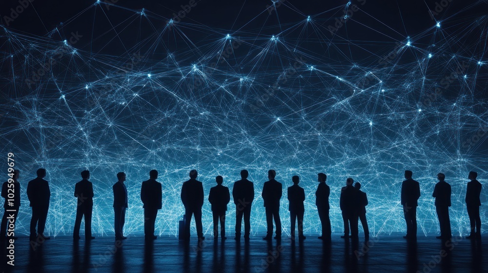 Poster Silhouetted Figures Observing a Digital Network Visualization