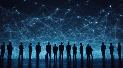 Silhouetted Figures Observing a Digital Network Visualization