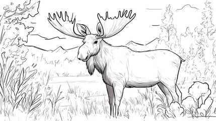 A moose standing proudly in a clearing, with large antlers, surrounded by simple bushes and tall grass, bold lines, low details, no shading, child-friendly design,