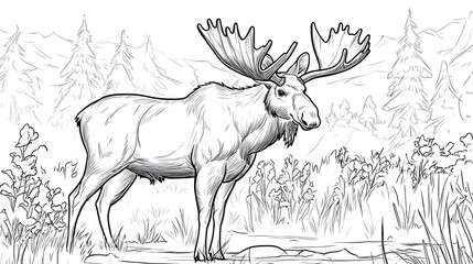 A moose standing proudly in a clearing, with large antlers, surrounded by simple bushes and tall grass, bold lines, low details, no shading, child-friendly design,