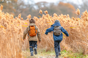 Two boys with backpacks running through tall grass in autumn