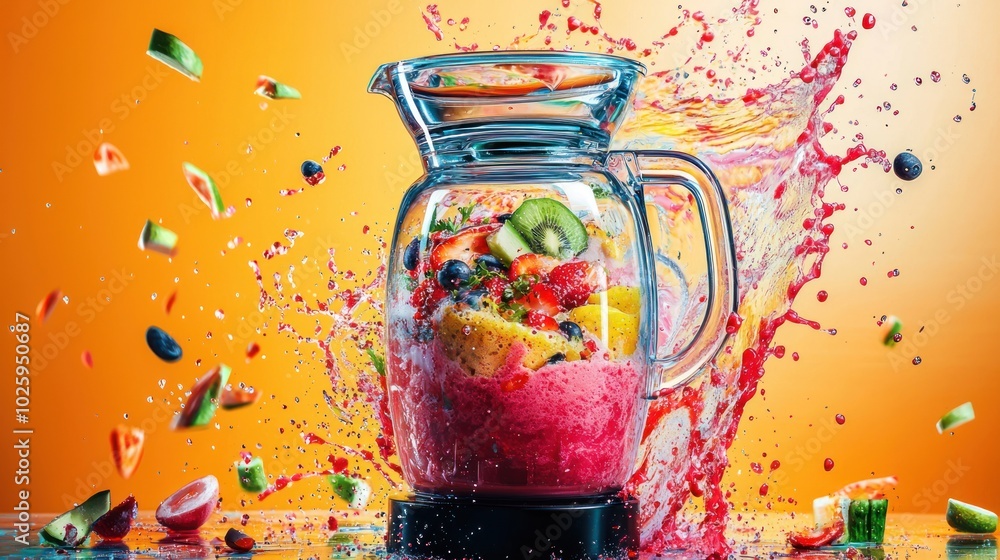 Poster conceptual image of a blender creating a colorful swirl of ingredients, emphasizing the joy of cooki