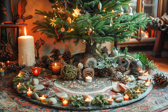 Christmas tree and yule altar with candles and crystals celebrating winter solstice