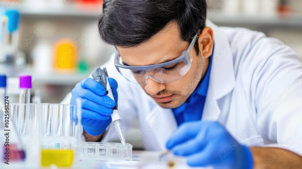Poster scientist in lab coat using pipette to transfer liquid