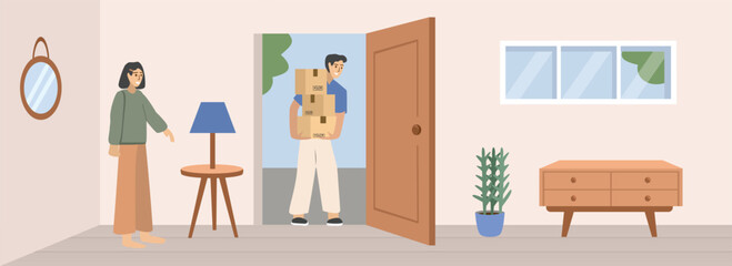 Moving house delivery service. Postman delivering package. House delivery. Family house. Online shop delivery. Furniture delivery.