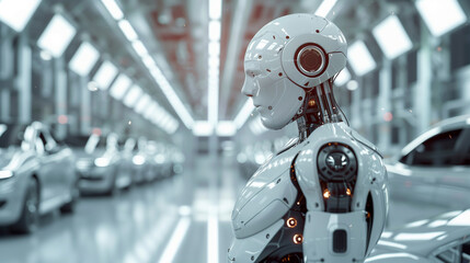 Manufacturing in Automobile Industry. robot control, white background, wide angle view, high resolution