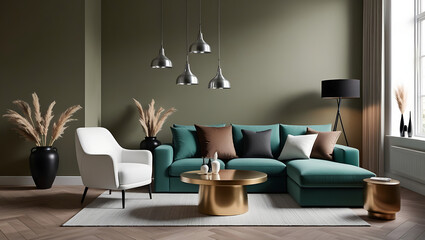 Modern luxury interiors designs. Empty painted wall.dark accent furniture and blank background.Bedroom interior trend 2024 year Modern luxury apricot room interior home designs