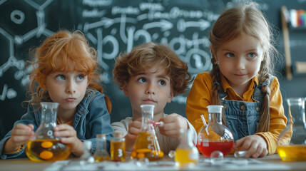 Multi ethnic elementary school student enjoying science experiment in the classroom