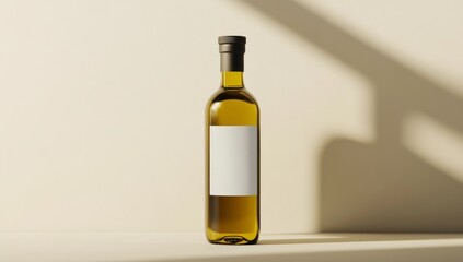 glass bottle of olive oil with white blank label mockup against neutral minimalist background with shadows 