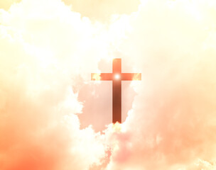 Cross christian god religion on sunset background, jesus church worship pray catholic grace christ,...