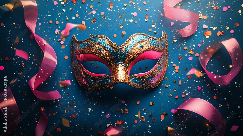 Poster playful carnival mask in a range of bright colors surrounded by flowing ribbons and glittering confe