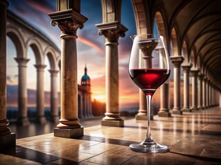 Elegant Red Wine Pouring into a Glass with Architectural Elements in the Background