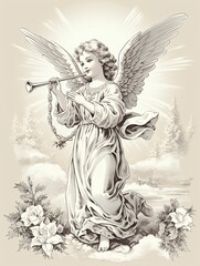 Angel with Wings and Trumpet Playing in a Wintery Landscape