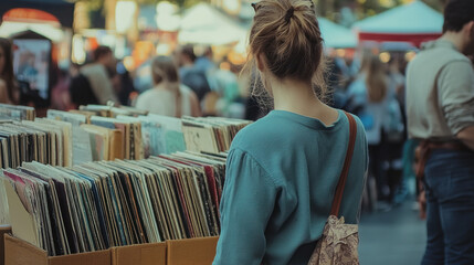 Obraz premium woman shopping at flea market, summer street fair, vintage records stall