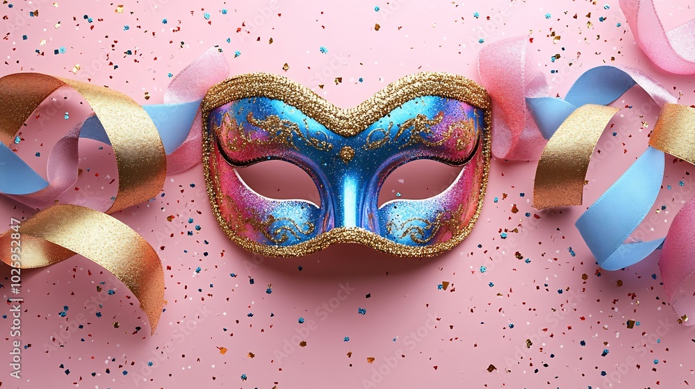 Poster playful carnival mask in a range of bright colors surrounded by flowing ribbons and glittering confe