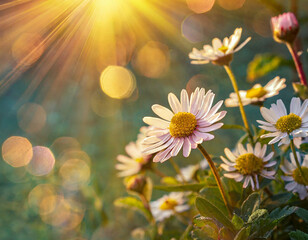 Blossoming daisies basking in sunlight during a serene spring morning in a vibrant garden
