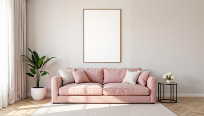 A minimalist living room with a pink sofa, blank frame, and houseplant. Natural light brightens the space, highlighting the herringbone wood floor and neutral color scheme.