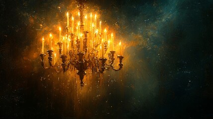 A magnificent golden chandelier radiates warm light, illuminating the dark surroundings with its intricate design, evoking grandeur and luxury.