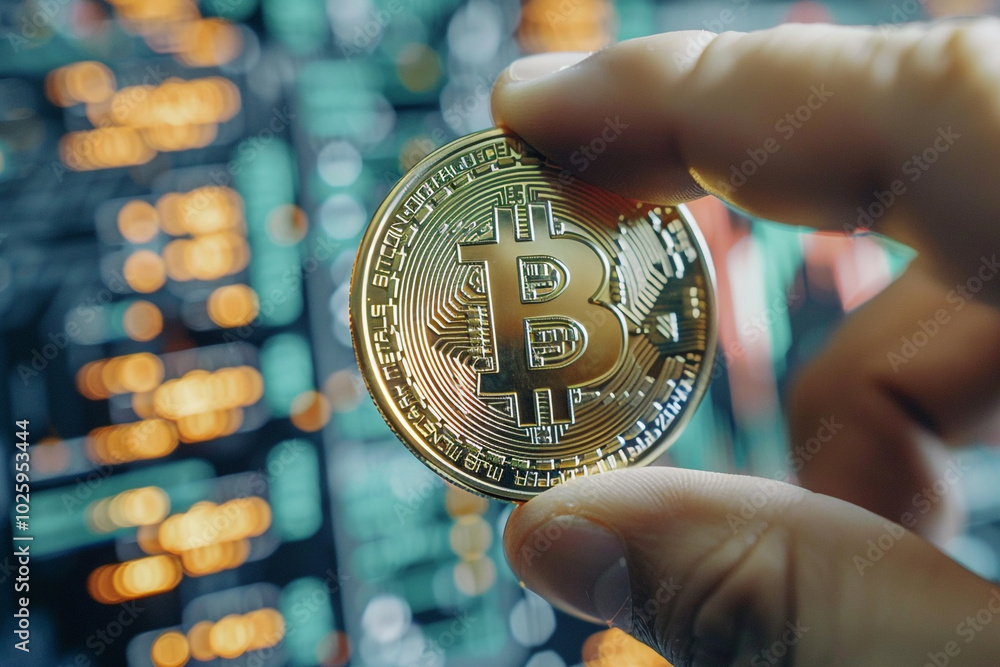 Poster close-up of a physical bitcoin coin held between fingers digital wallet interface in the background