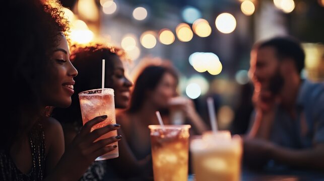 group of people sitting at an outdoor caf&eacute;, sipping iced drinks