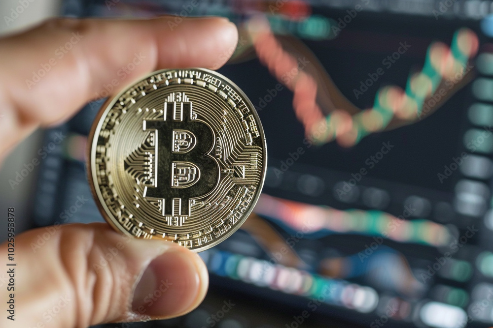 Poster close-up of a physical bitcoin coin held between fingers digital wallet interface in the background