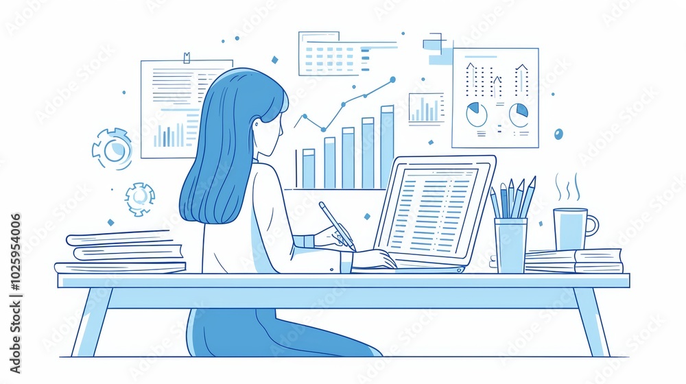 Poster a scene depicting a dedicated analyst meticulously working on data analysis and report-writing surro