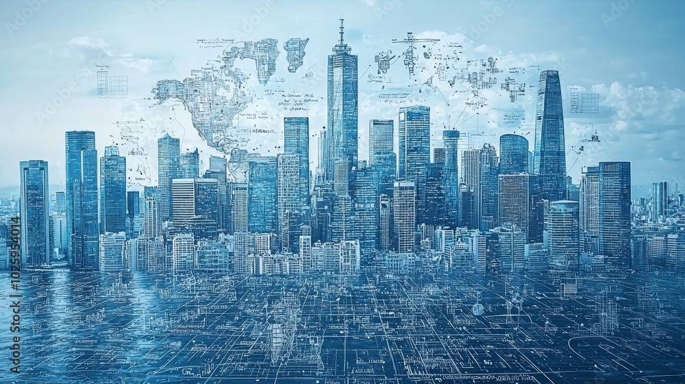 Poster a digitally enhanced cityscape featuring towering skyscrapers mixed with transparent technological m