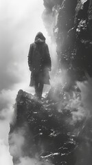 Obraz premium Silhouette of a Man Walking on a Foggy Mountain