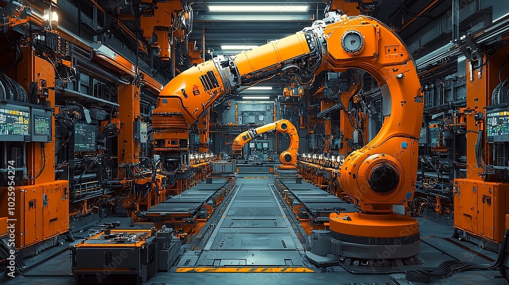 Poster industrial robotic arms maneuver expertly in a well-lit automated factory, showcasing advanced techn