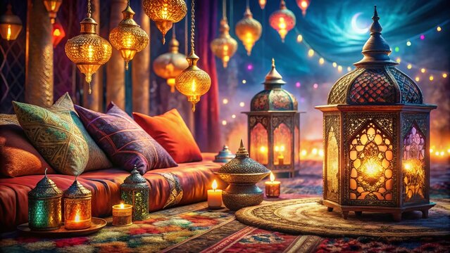 Enchanting 1001 Nights Party Scene with Exotic Decor and Vibrant Colors