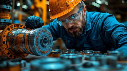 An engineer meticulously inspects machinery components in an industrial environment, showcasing precision and expertise amidst the sophisticated equipment.