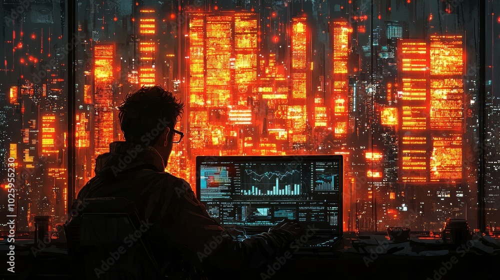 Poster a man sits at a desk in front of a computer displaying data, against a city skyline with glowing ora