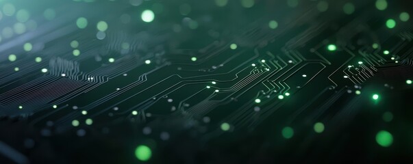 Abstract circuit board with glowing elements, dark green background.