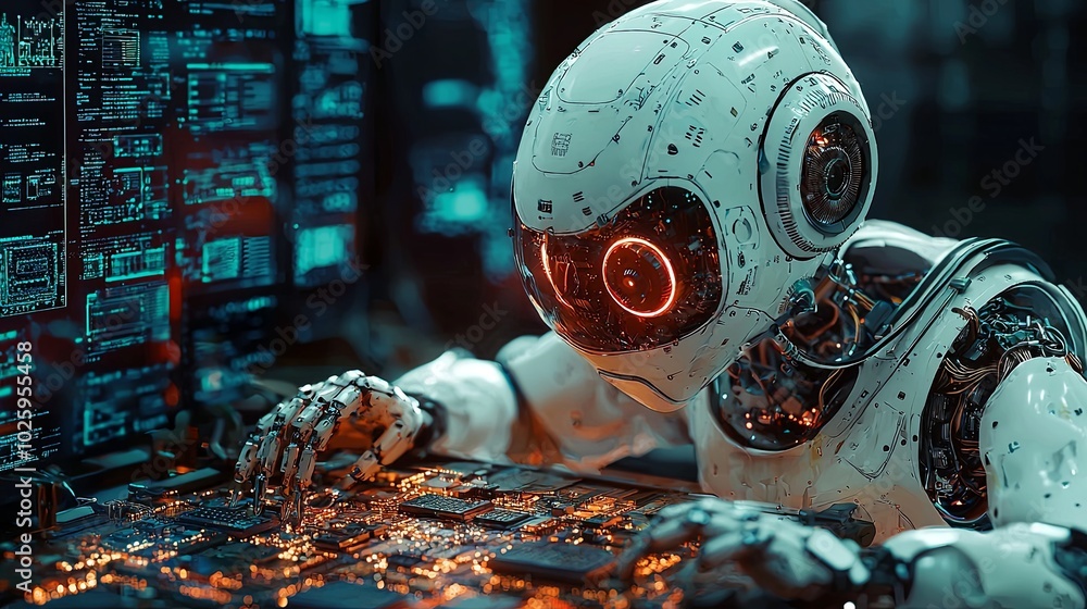 Poster a highly detailed futuristic robot working on a complex circuit board surrounded by glowing elements