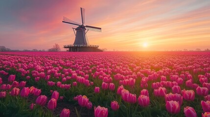 A traditional windmill rising amidst endless tulip fields, the vibrant colors of the flowers contrasting with the rustic wooden structure under a soft spring sky
