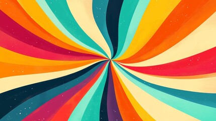 Abstract groovy sunburst with rainbow swirls, retro carnival background, bold circular motifs, funky poster elements, bright vintage circus colors