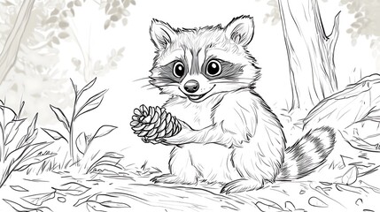 Fototapeta premium A raccoon happily holding a pinecone, standing next to a small shrub with minimal forest background, bold lines, low details, no shading, child-friendly design --ar 16:9 --sref https://s.mj.