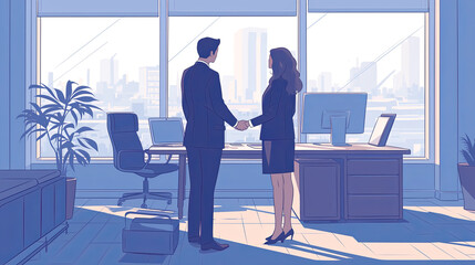 Obraz premium Two business professionals shaking hands in a sunlit office, symbolizing collaboration, agreements, and professional connections in a modern corporate environment.