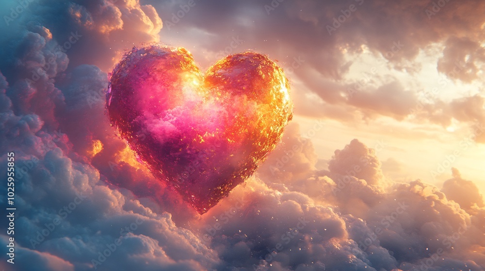 Poster radiant valentines heart nestled in pastel clouds blending shades of red pink and gold set against a