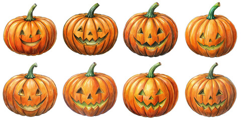 Hand Drawn illustration set of pumpkin jack o lantern . isolate on a white background. PNG
