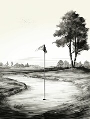Black and White Illustration of a Golf Course with a Flag and a Tree