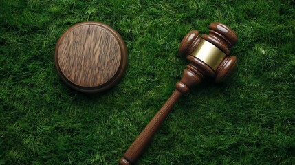 Aerial view of a gavel on lush stadium grass, illustrating sports arbitration. Perfect for law-related articles or sports legal platforms